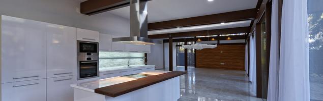 Biała, otwarta kuchnia z wyspą w stylu loftowym – nowoczesne wnętrze